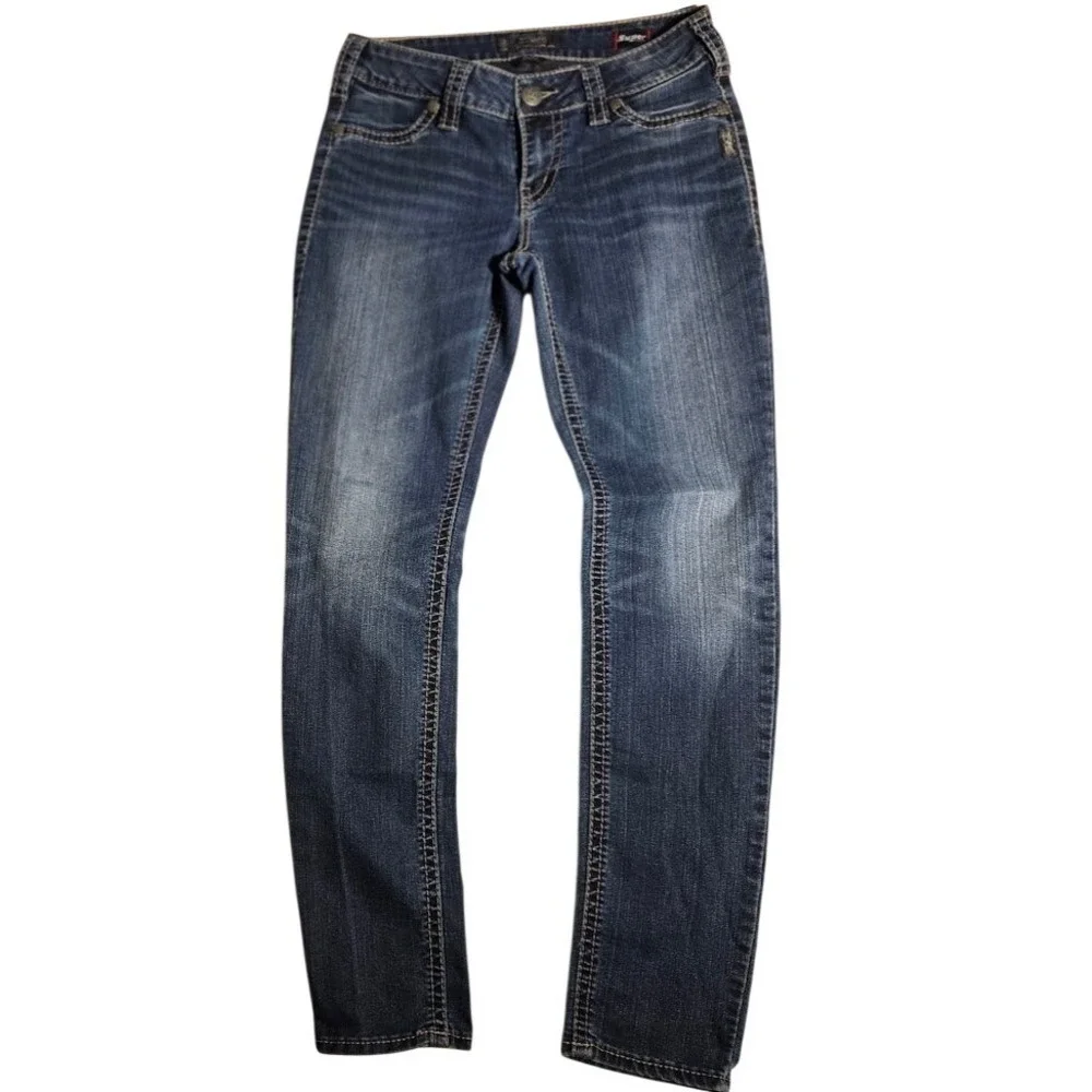 Silver Jeans Suki Skinny Womens 30x31 Dark Wash Stretch Mid Rise Denim whiskered